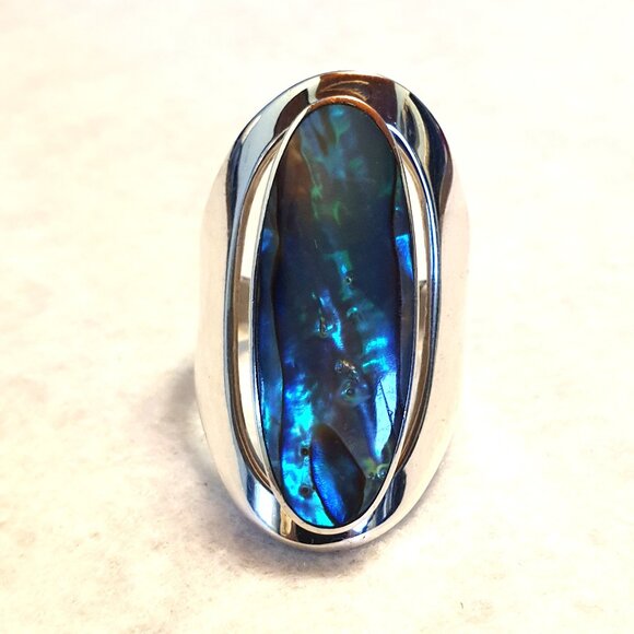 Chunky Vintage 925 Sterling Silver Oval Abalone Shell Inlay Statement Ring - Picture 5 of 14